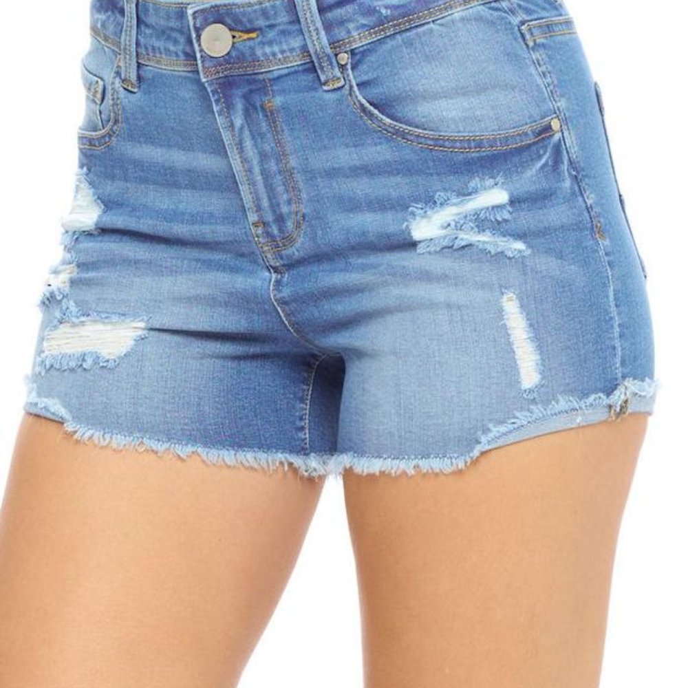 Distressed, Medium Blue, Denim Shorts with Butt Lifting Pattern